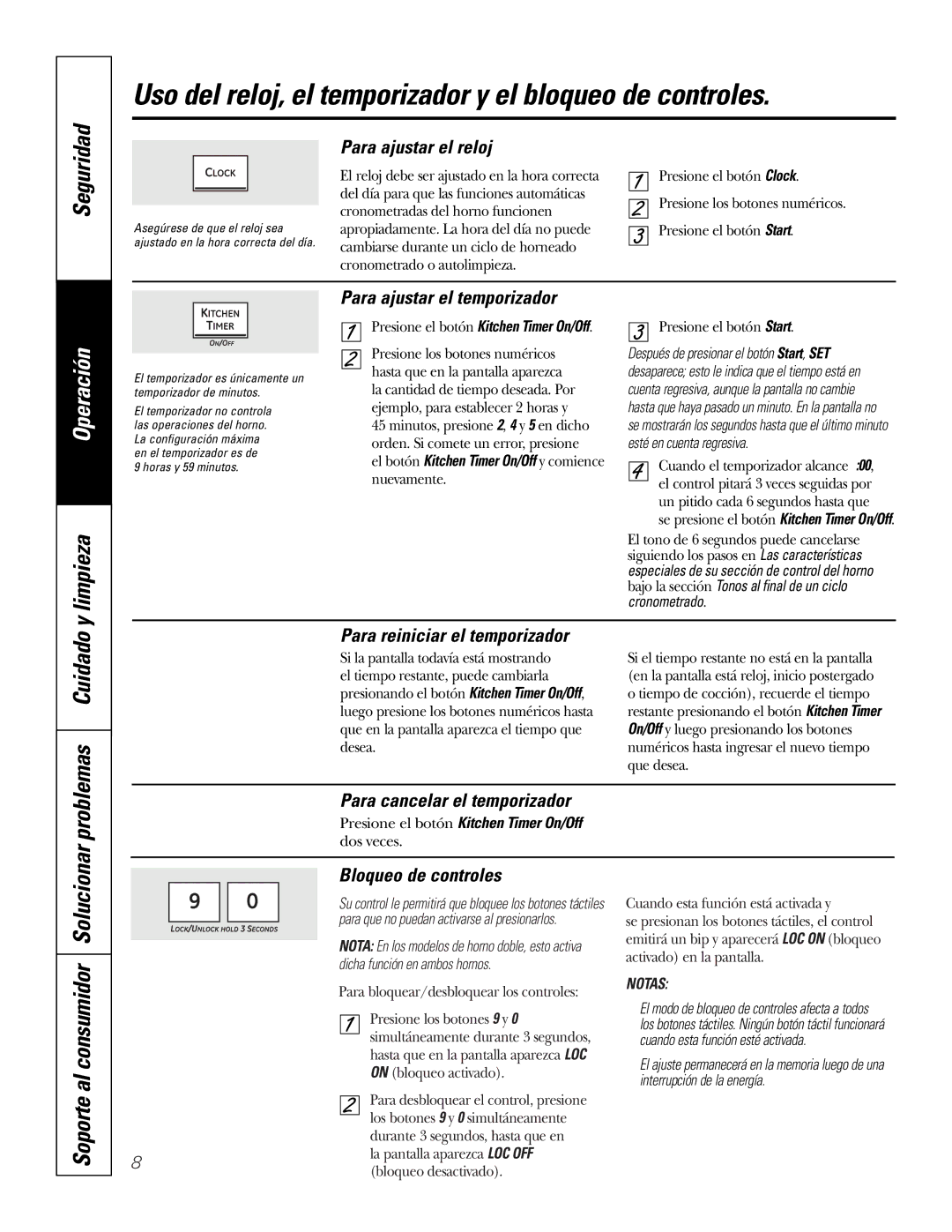 GE PK91627 manual Uso del reloj, el temporizador y el bloqueo de controles, Seguridad 