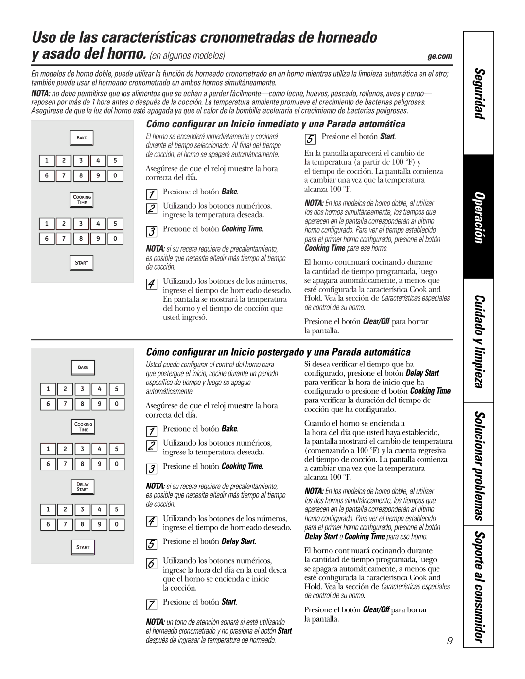 GE PK91627 manual Uso de las características cronometradas de horneado, Limpieza Solucionar problemas Soporte al consumidor 