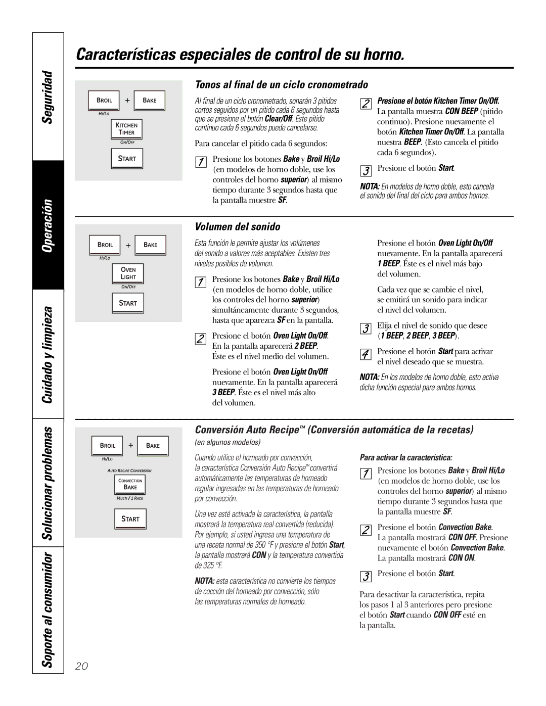 GE PK91627 manual Soporte al consumidor Solucionar problemas, Tonos al final de un ciclo cronometrado, Volumen del sonido 