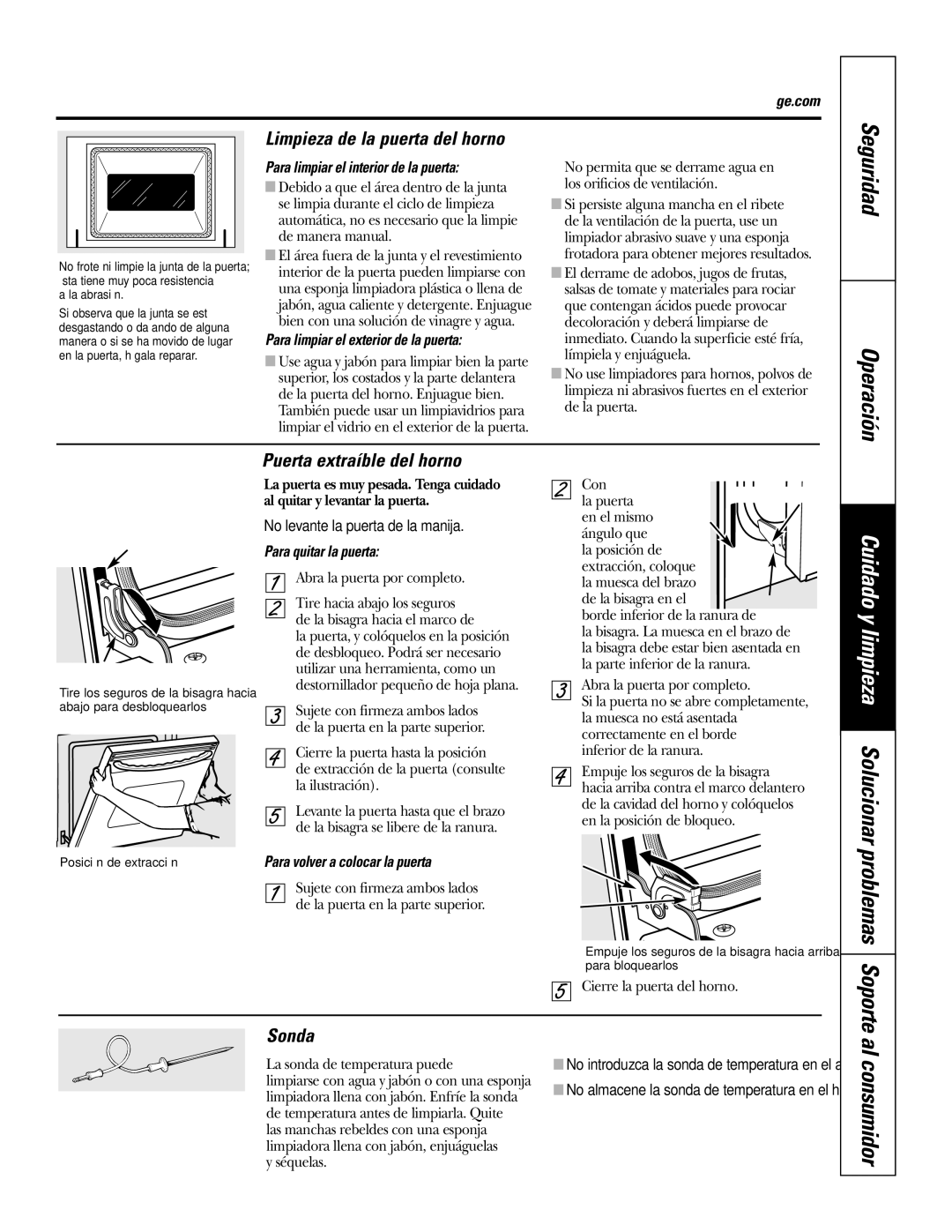 GE PK91627 manual Al consumidor, Cuidado y limpieza Solucionar problemas Soporte, Limpieza de la puerta del horno, Sonda 