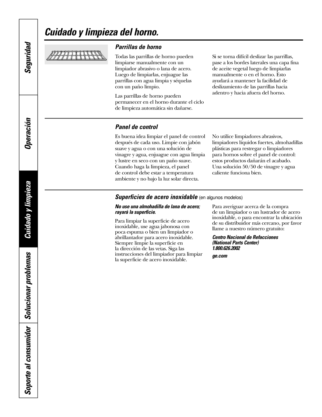 GE PK91627 manual Parrillas de horno, Panel de control, Superficies de acero inoxidable en algunos modelos 