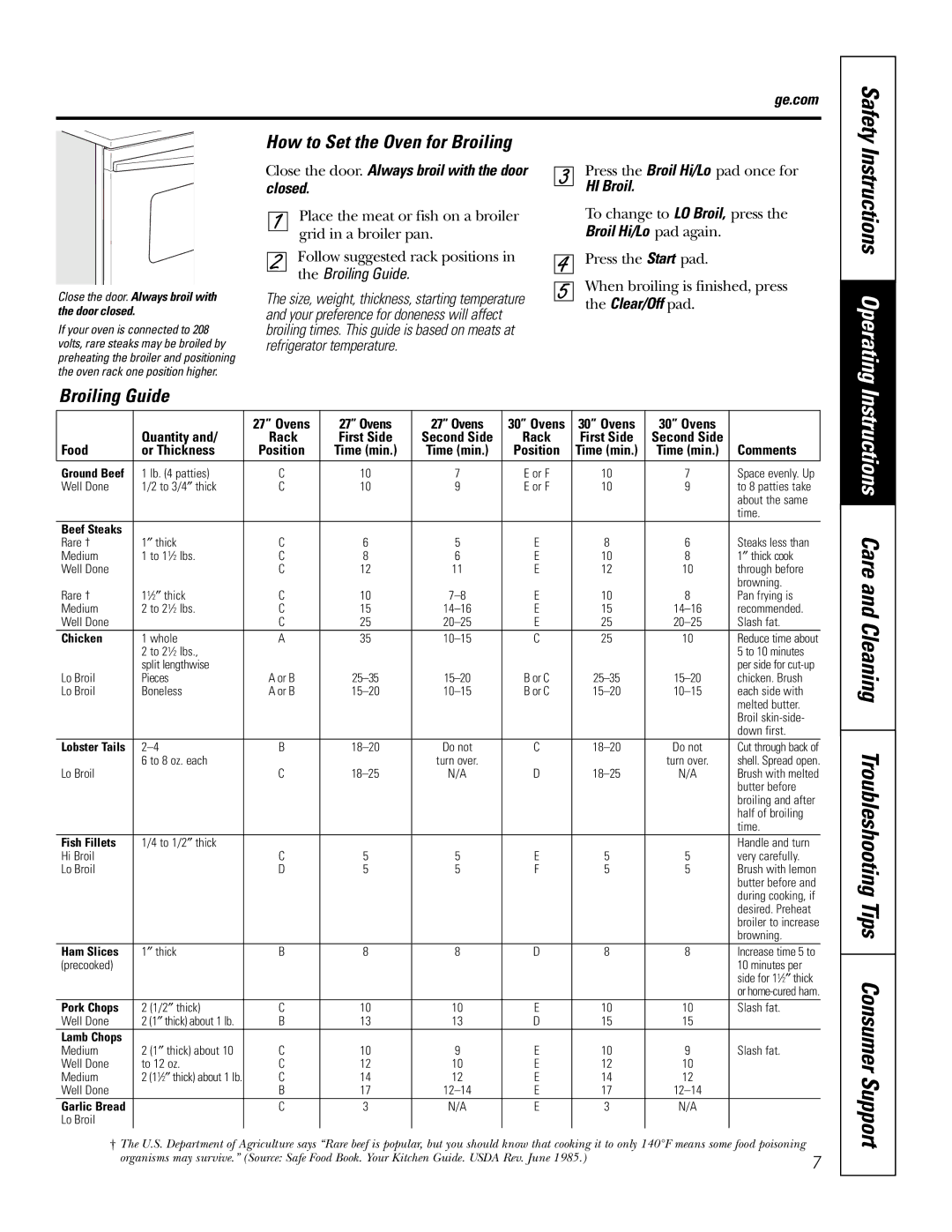 GE PK91627 manual Instructions Operating, How to Set the Oven for Broiling, Broiling Guide, HI Broil 