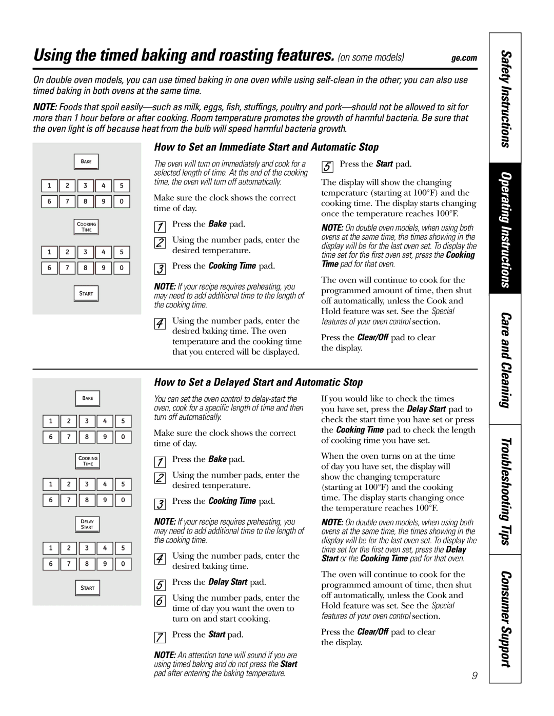 GE PK91627 Troubleshooting Tips Consumer Support, Safety Instructions, How to Set an Immediate Start and Automatic Stop 