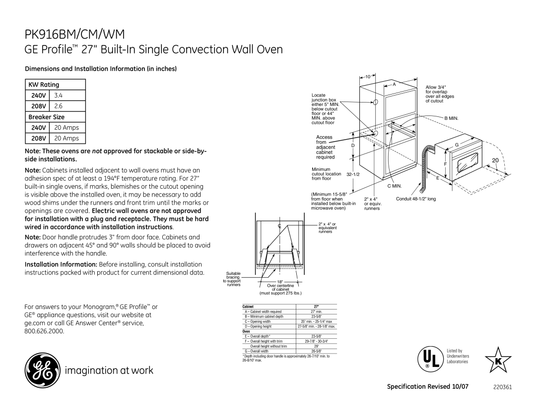 GE PK916WM, PK916BM, PK916CM installation instructions Access from Adjacent D cabinet required, Cabinet, Oven 