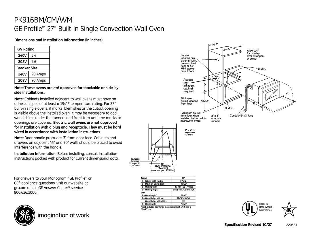 GE PK916WM, PK916CM installation instructions PK916BM/CM/WM, GE Profile 27 Built-InSingle Convection Wall Oven 