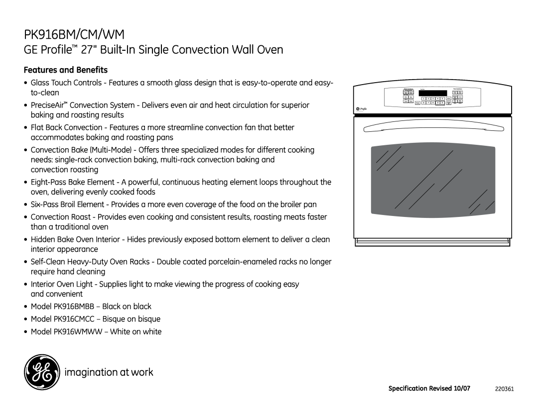 GE PK916WM, PK916CM Features and Benefits, PK916BM/CM/WM, GE Profile 27 Built-InSingle Convection Wall Oven 