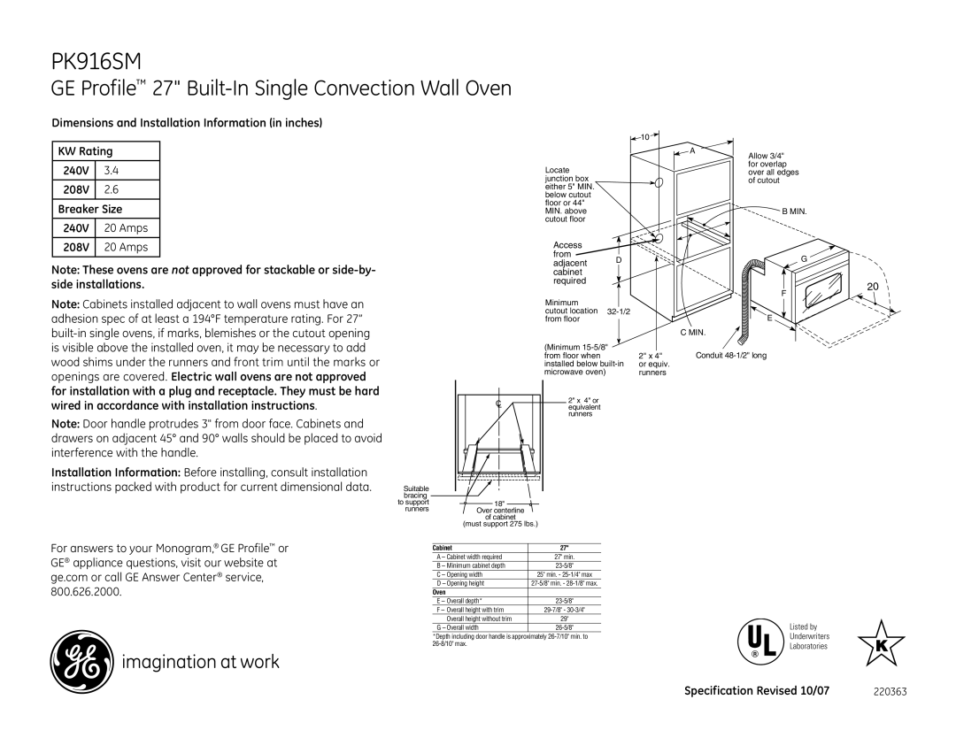 GE PK916SM installation instructions Wired in accordance with installation instructions, Specification Revised 10/07, Oven 