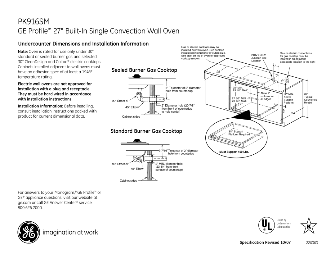 GE PK916SM installation instructions Undercounter Dimensions and Installation Information, Standard Burner Gas Cooktop 