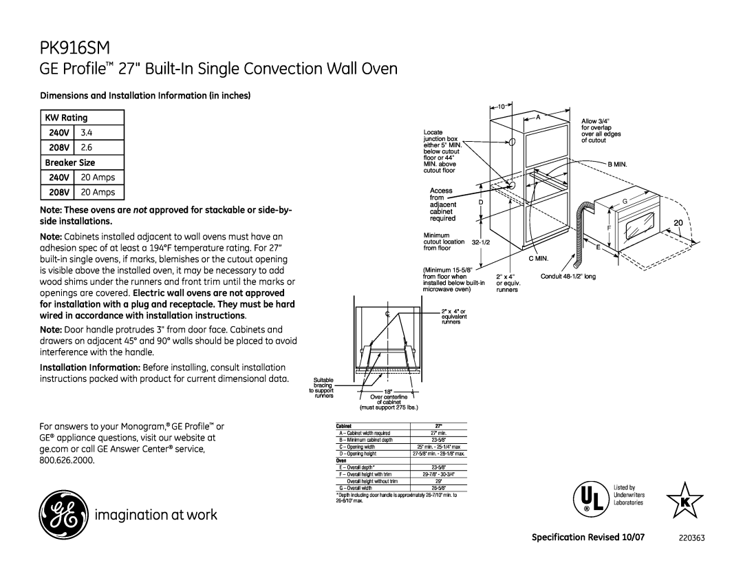 GE PK916SM installation instructions GE Profile 27 Built-In Single Convection Wall Oven 
