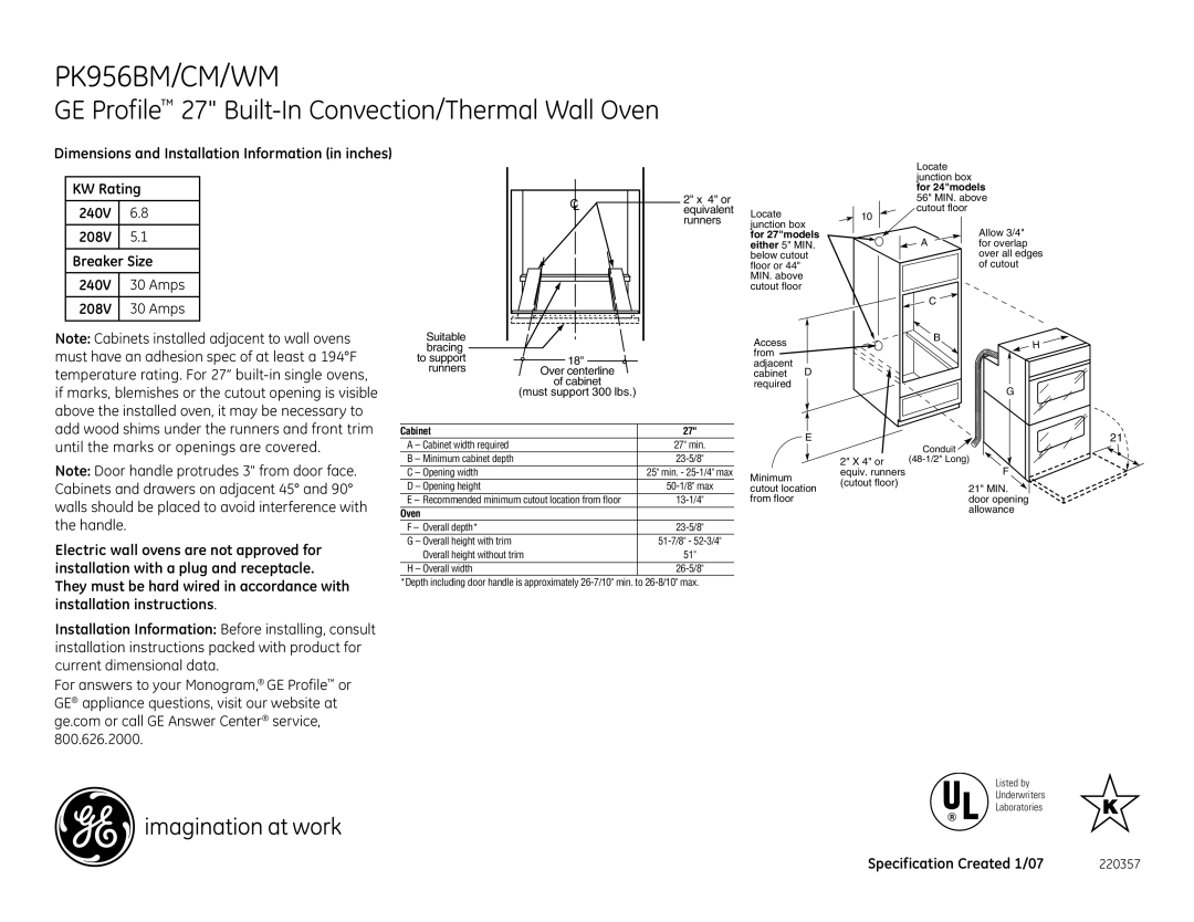 GE PK956WM, PK956CM installation instructions PK956BM/CM/WM, GE Profile 27 Built-In Convection/Thermal Wall Oven, Runners 