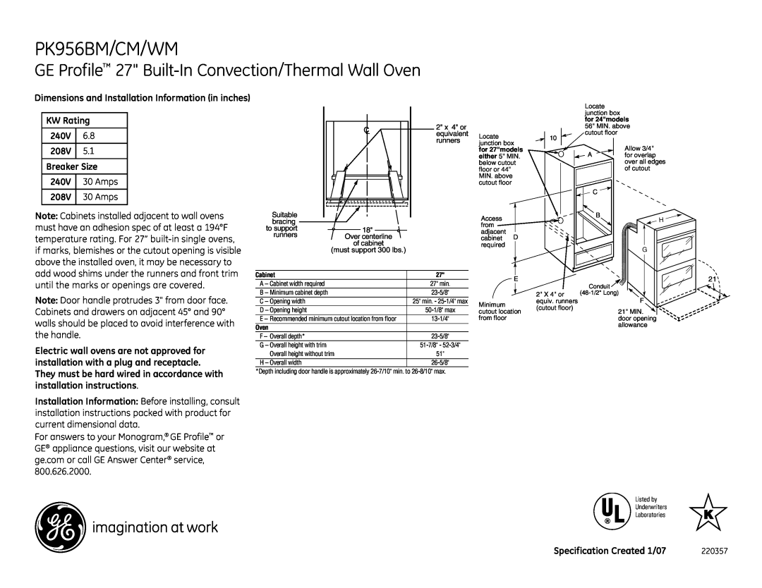 GE PK956WM, PK956CM installation instructions PK956BM/CM/WM, GE Profile 27 Built-In Convection/Thermal Wall Oven 