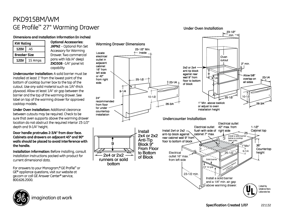 GE PKD915BMBB dimensions PKD915BM/WM, GE Profile 27 Warming Drawer, Under Oven Installation, Warming Drawer Dimensions 