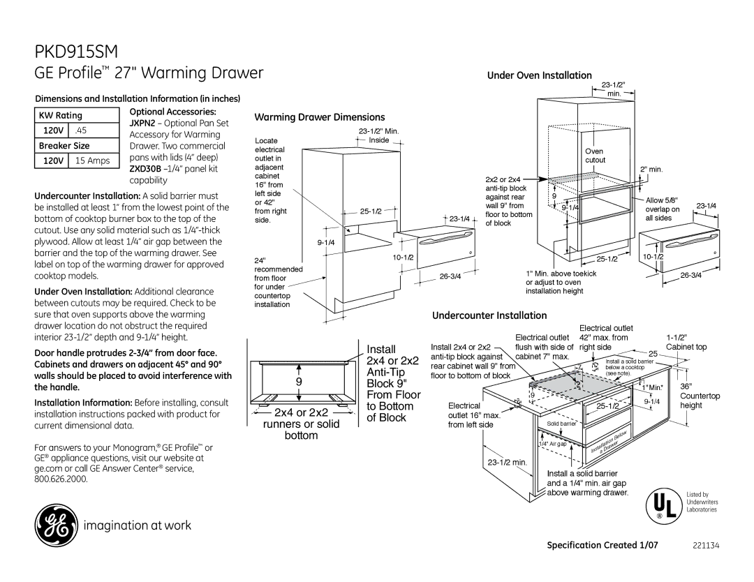 GE PKD915SMSS dimensions Install, Anti-Tip, To Bottom, 2x4 or Block Runners or solid 