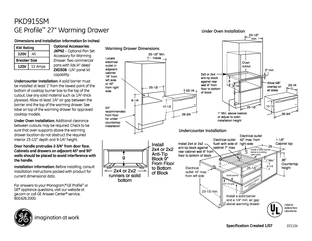 GE PKD915SMSS dimensions GE Profile 27 Warming Drawer, Under Oven Installation, Warming Drawer Dimensions 