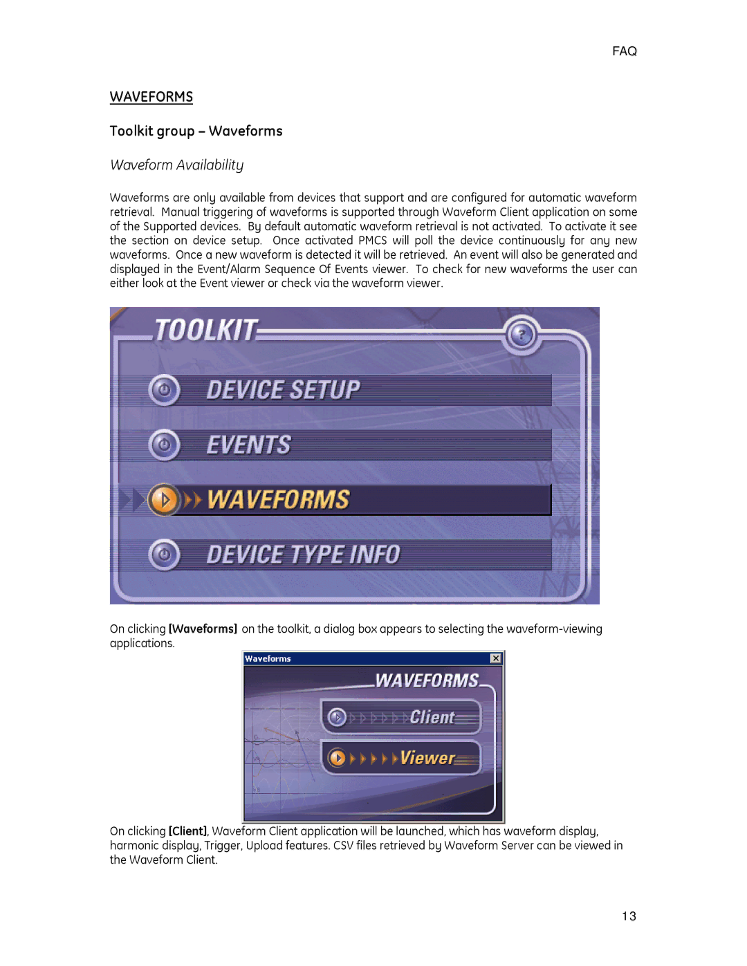 GE PMCS 6.15 quick start Toolkit group Waveforms, Waveform Availability 