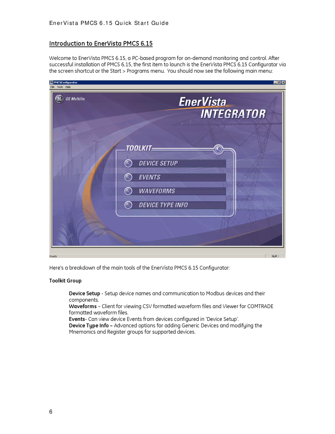 GE PMCS 6.15 quick start Introduction to EnerVista Pmcs, Toolkit Group 