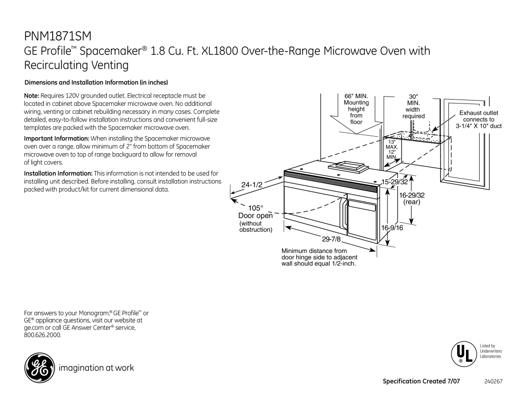 GE PNM1871SMSS dimensions 24-1/2 105 Door open, 15-29/32 16-29/32 Rear 16-9/16 29-7/8, Specification Created 7/07 