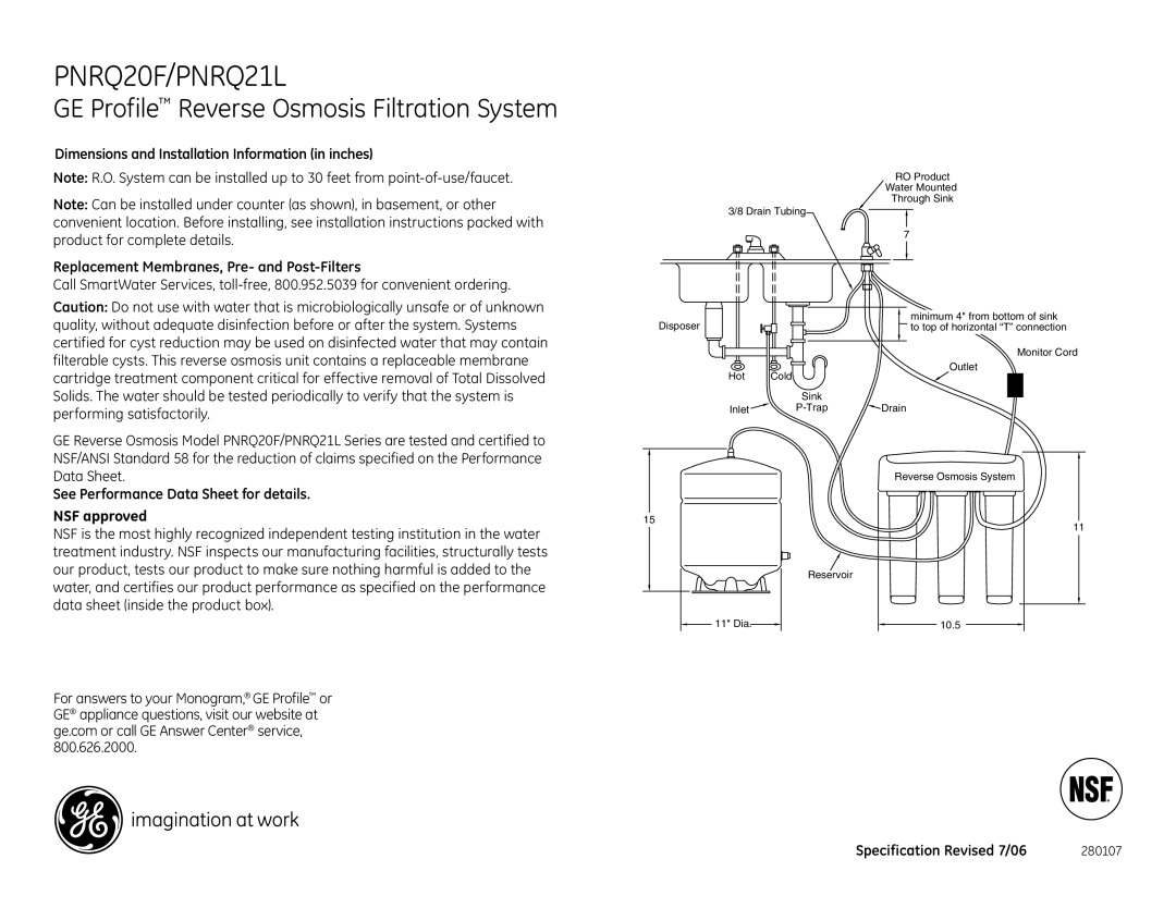 GE dimensions PNRQ20F/PNRQ21L, GE Profile Reverse Osmosis Filtration System, Specification Revised 7/06 