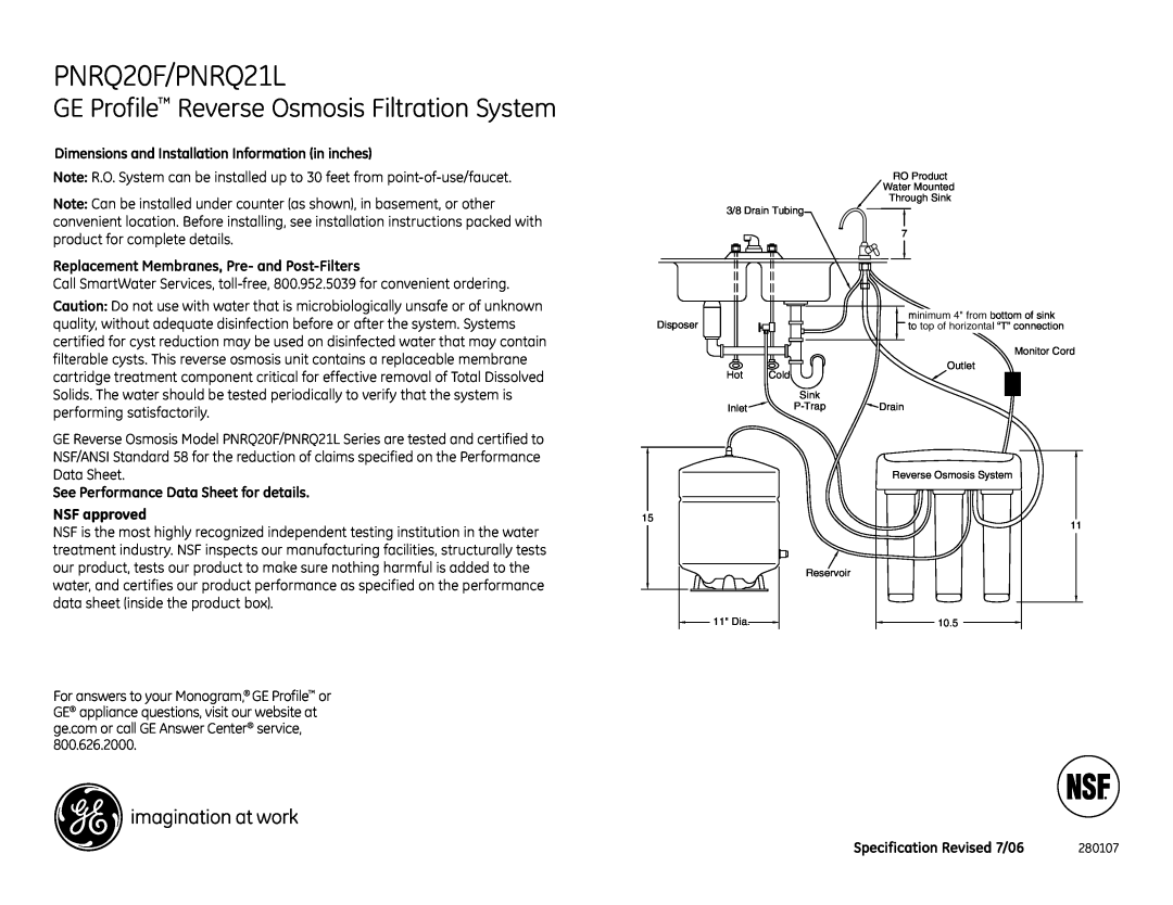 GE dimensions PNRQ20F/PNRQ21L, GE Profile Reverse Osmosis Filtration System, Specification Revised 7/06 