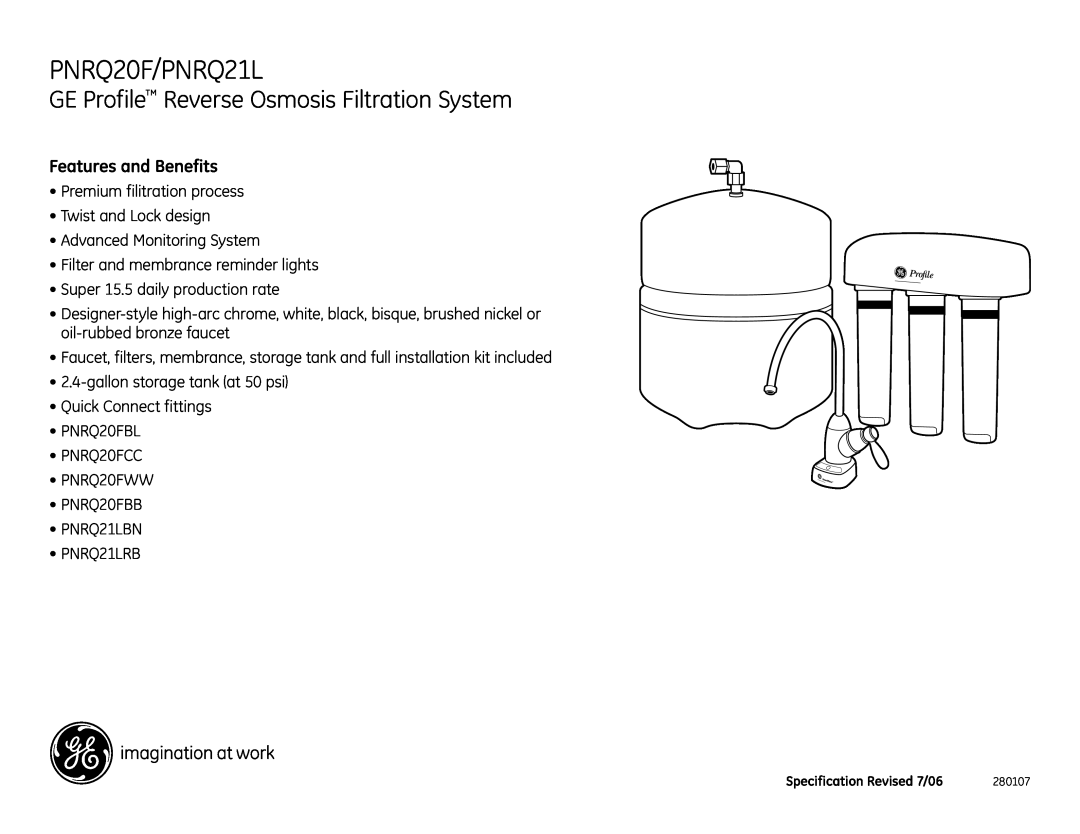 GE dimensions PNRQ20F/PNRQ21L, GE Profile Reverse Osmosis Filtration System, Features and Benefits 
