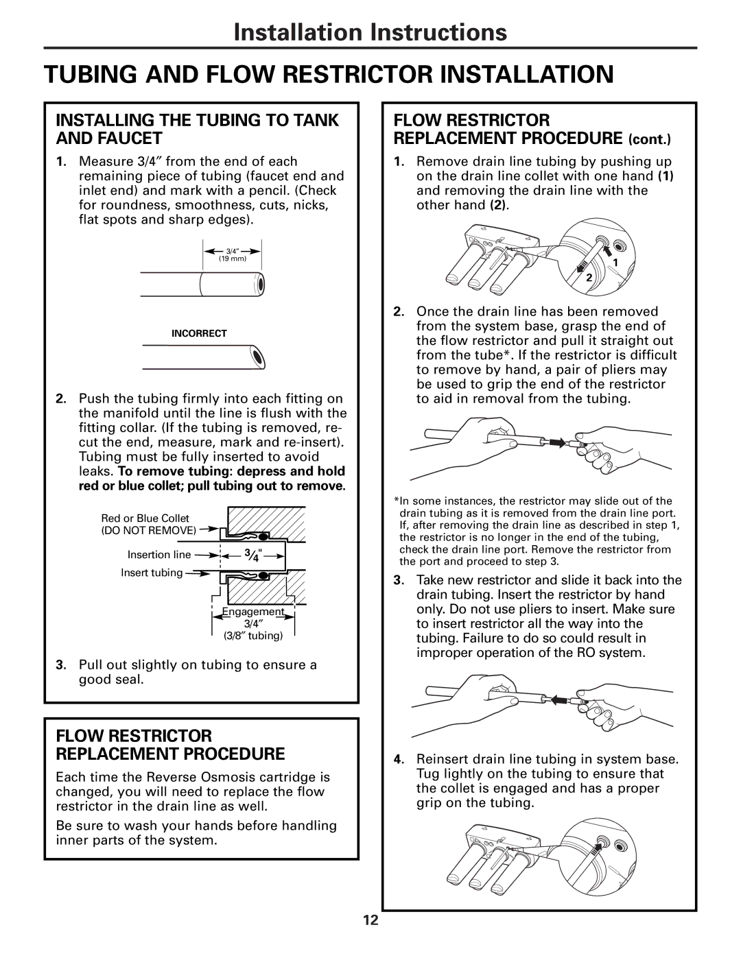 GE PNRQ21LBN, PNRQ21LRB owner manual Tubing and Flow Restrictor Installation, Installing the Tubing to Tank and Faucet 