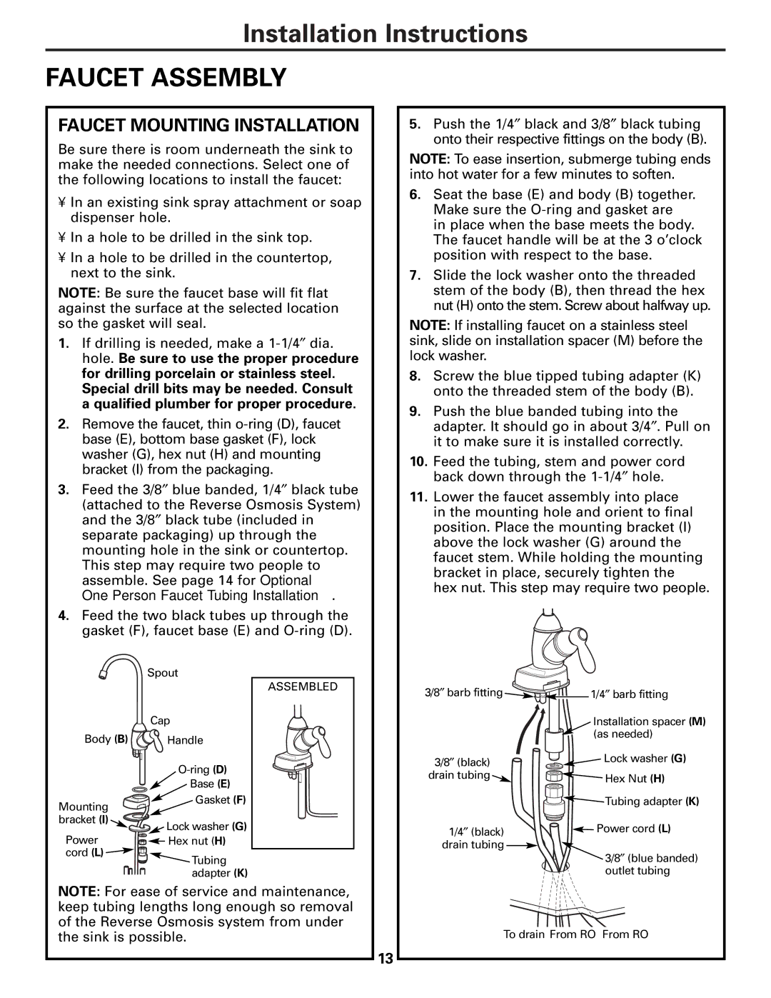 GE PNRQ21LRB, PNRQ21LBN owner manual Faucet Assembly, Faucet Mounting Installation 