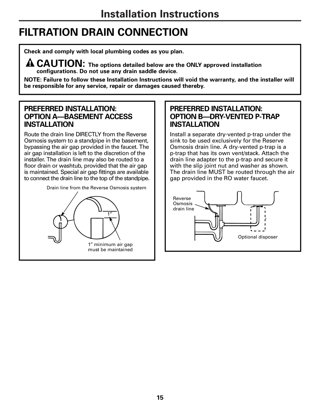 GE PNRQ21LRB, PNRQ21LBN Filtration Drain Connection, Preferred Installation Option A-BASEMENT Access Installation 