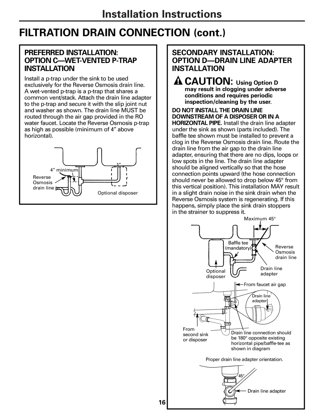 GE PNRQ21LBN, PNRQ21LRB owner manual Installation Instructions Filtration Drain Connection 