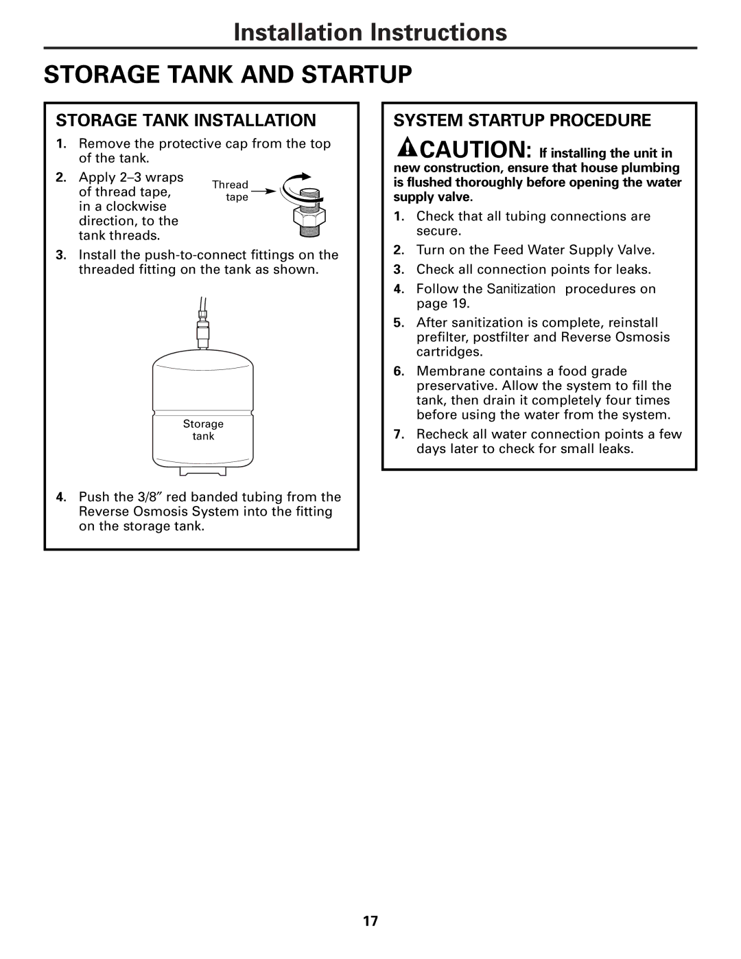 GE PNRQ21LRB, PNRQ21LBN owner manual Storage Tank and Startup, Storage Tank Installation, System Startup Procedure 