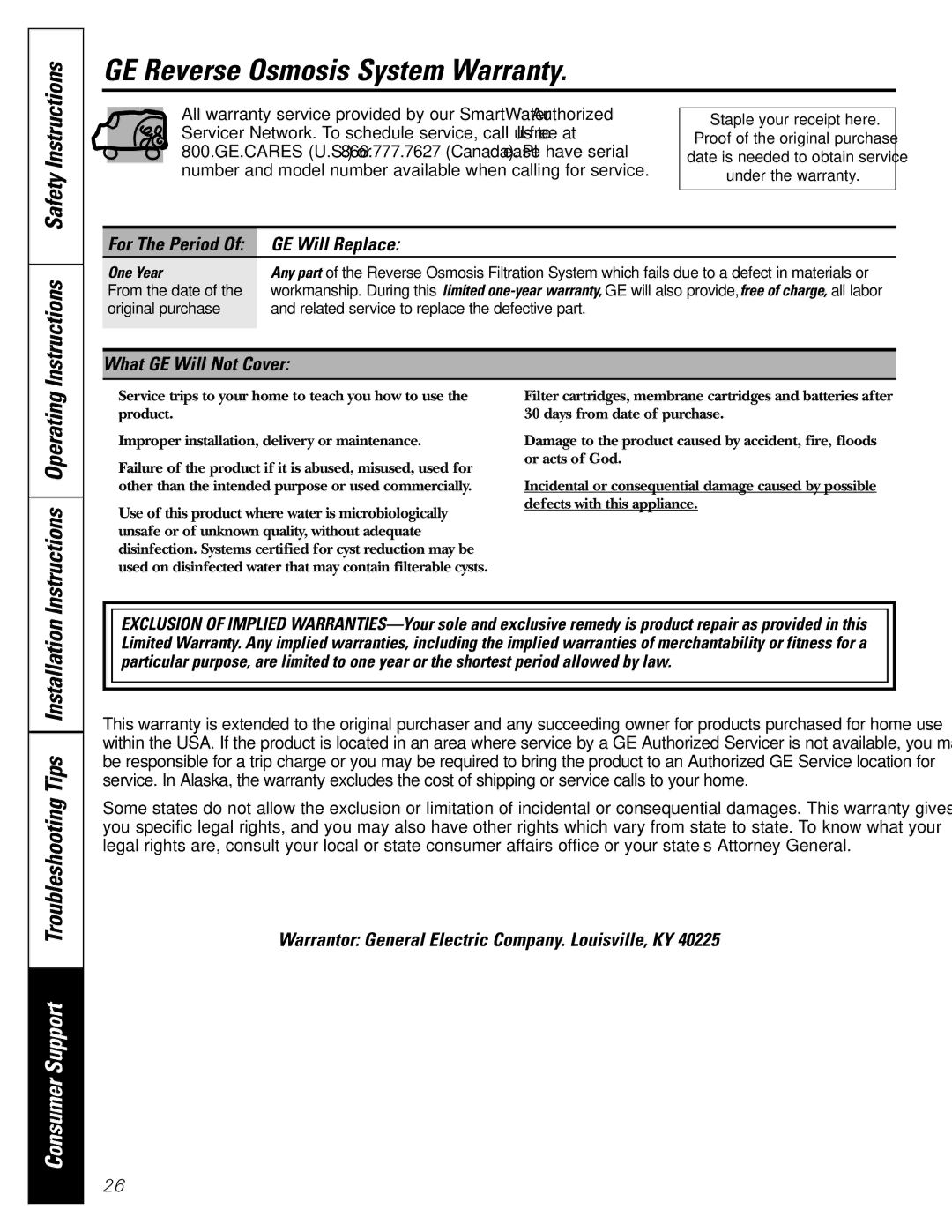 GE PNRQ21LBN, PNRQ21LRB owner manual GE Reverse Osmosis System Warranty, One Year 