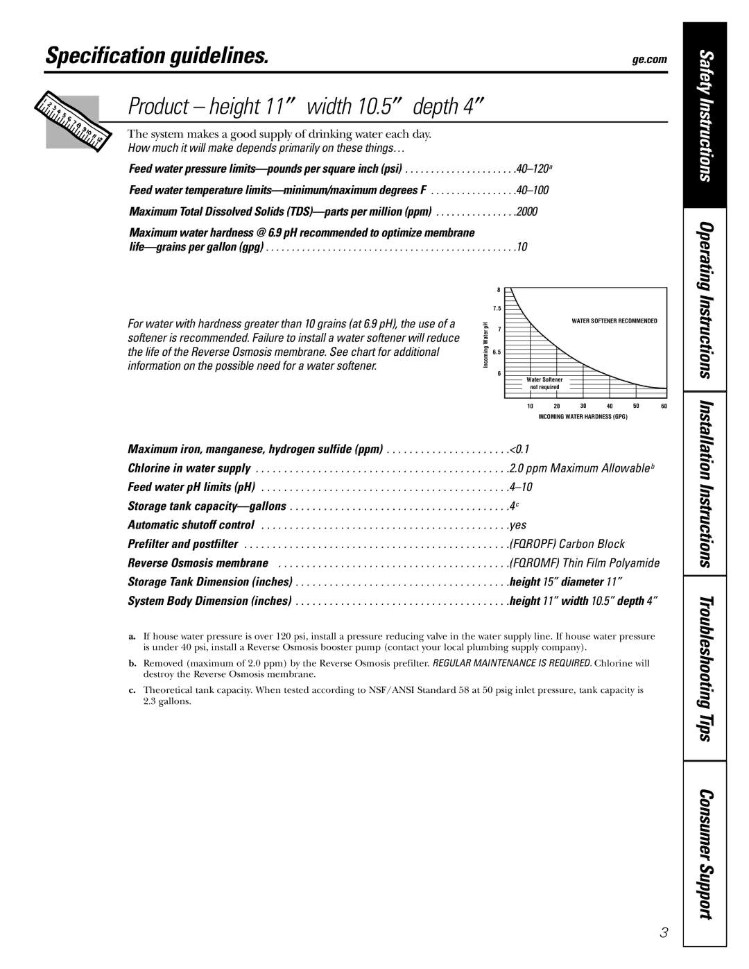 GE PNRQ21LRB, PNRQ21LBN owner manual Specification guidelines, Maximum iron, manganese, hydrogen sulfide ppm 