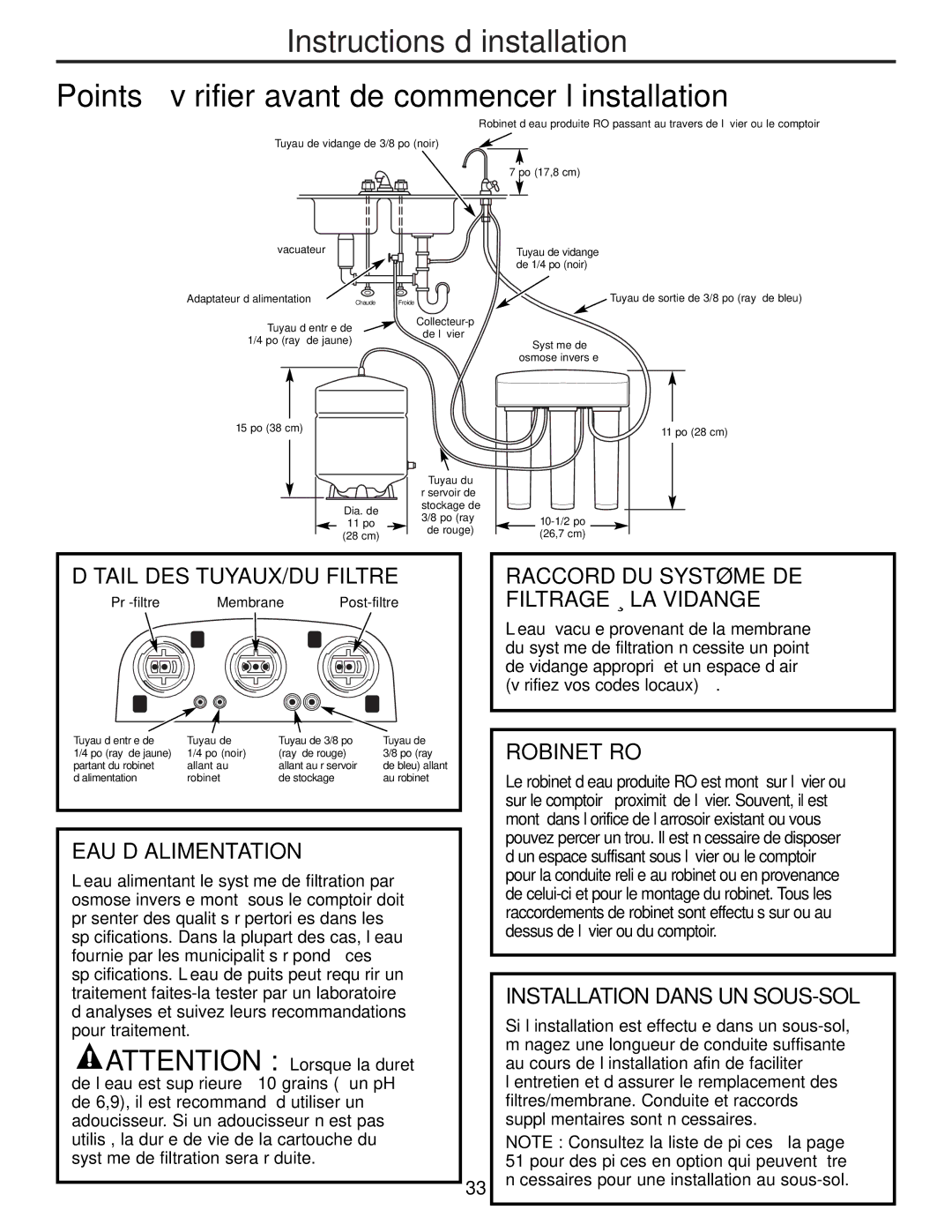 GE PNRQ21LRB, PNRQ21LBN Détail DES TUYAUX/DU Filtre, Eau D’Alimentation, Robinet RO, Installation Dans UN SOUS-SOL 