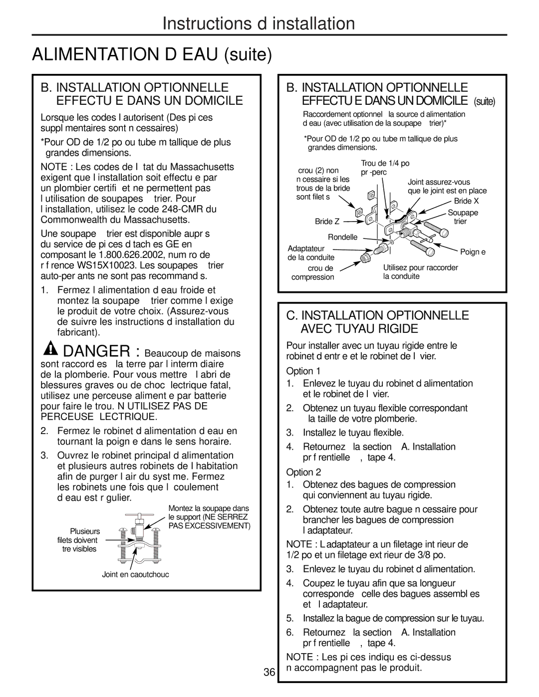 GE PNRQ21LBN Instructions d’installation Alimentation D’EAU suite, Installation Optionnelle Effectuée Dans UN Domicile 