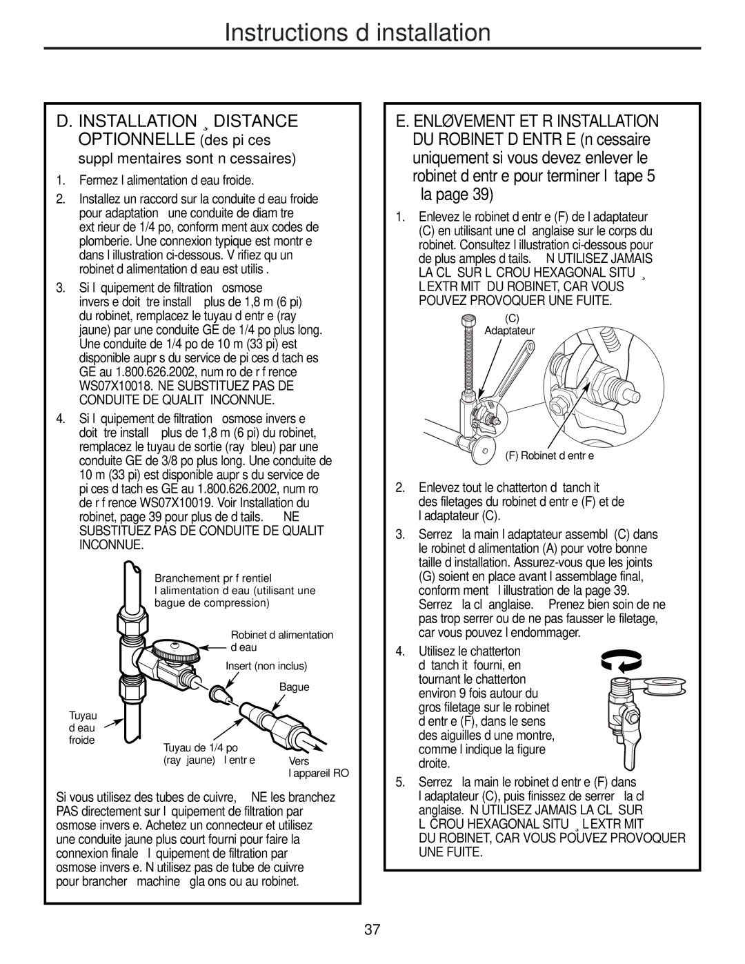 GE PNRQ21LRB, PNRQ21LBN owner manual Installation À Distance Optionnelle des pièces 