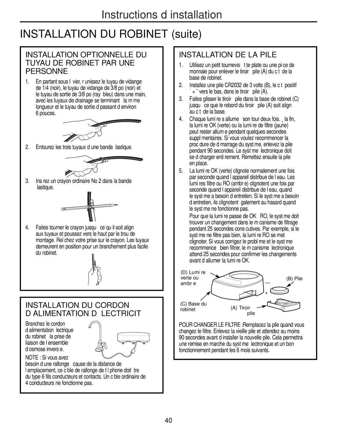 GE PNRQ21LBN, PNRQ21LRB owner manual Installation DE LA Pile, Installation DU Cordon D’ALIMENTATION D’ÉLECTRICITÉ 