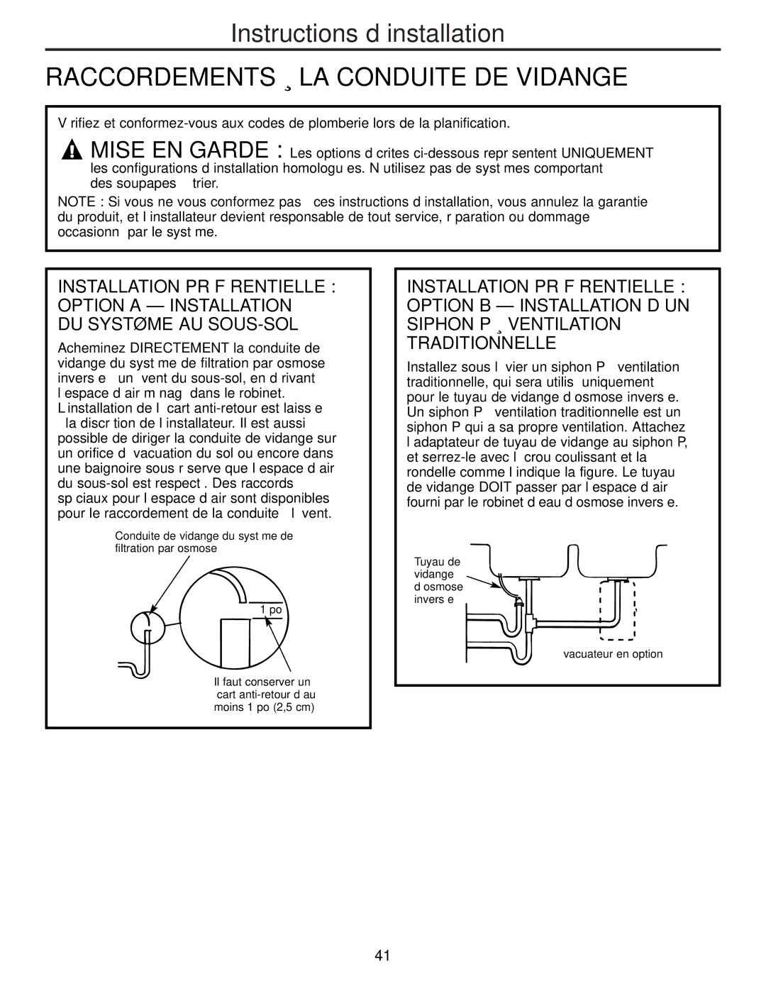 GE PNRQ21LRB, PNRQ21LBN owner manual Raccordements À LA Conduite DE Vidange, DU Système AU SOUS-SOL 