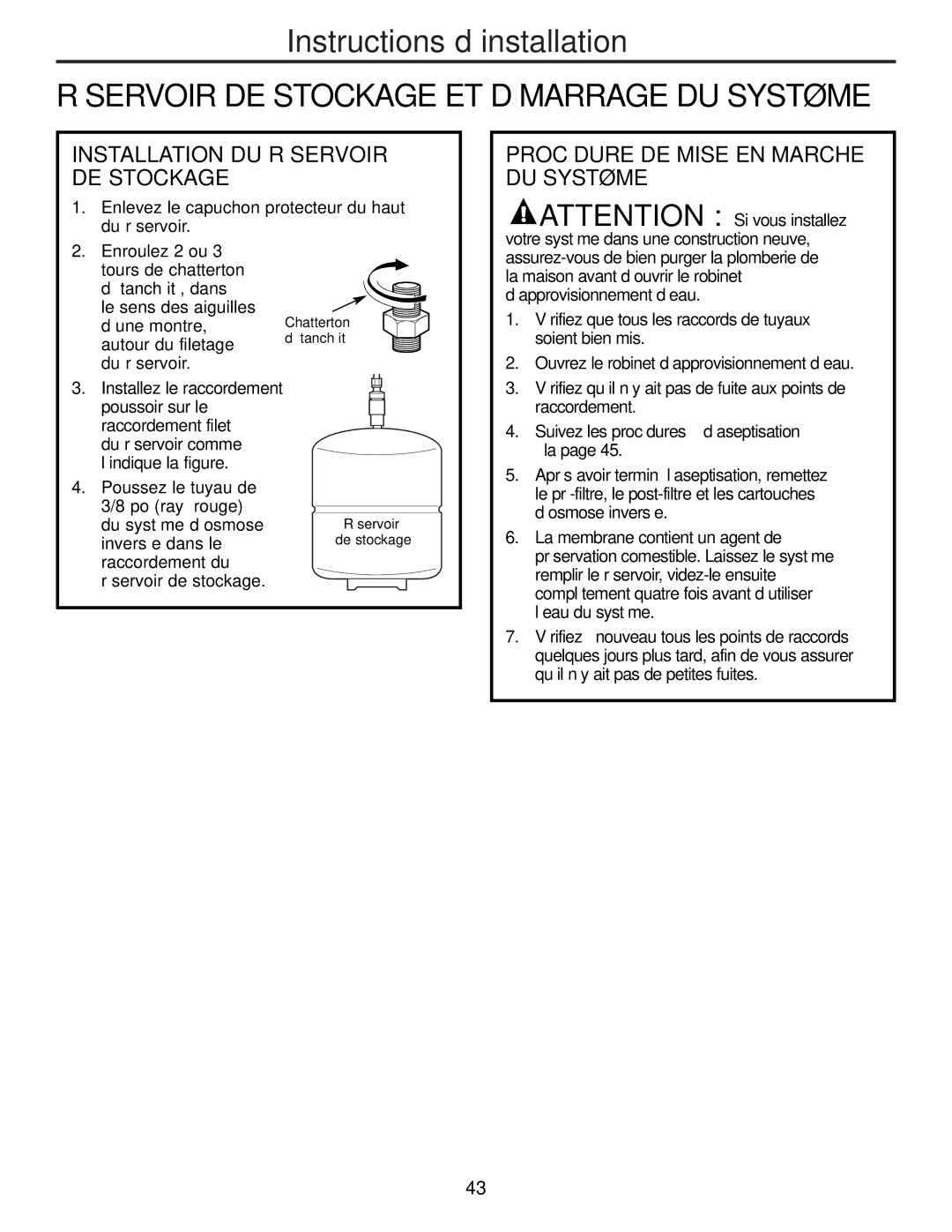 GE PNRQ21LRB, PNRQ21LBN owner manual Installation DU Réservoir DE Stockage, Procédure DE Mise EN Marche DU Système 