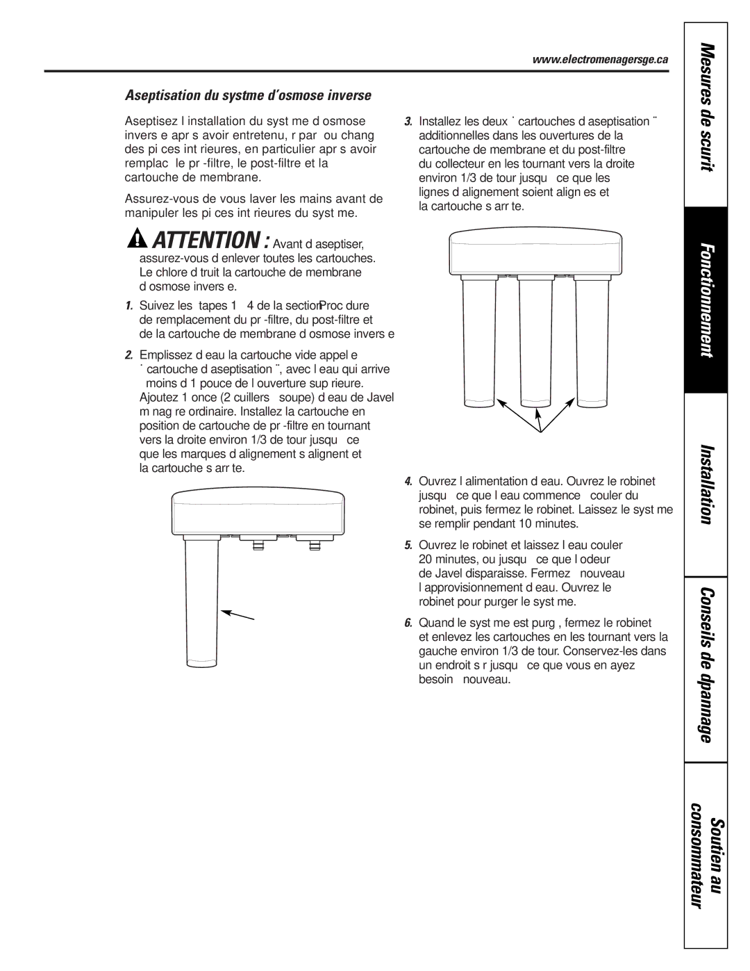 GE PNRQ21LRB, PNRQ21LBN owner manual Aseptisation du système d’osmose inversée, Mesures 