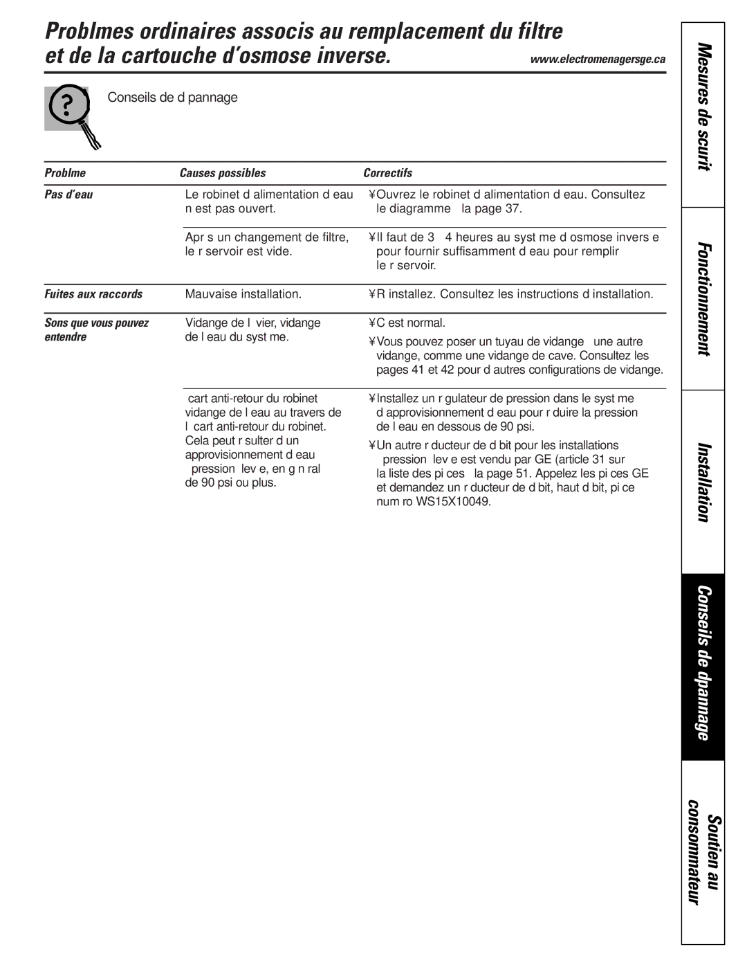 GE PNRQ21LRB Problème Causes possibles Correctifs Pas d’eau, Fuites aux raccords, Sons que vous pouvez, Entendre 