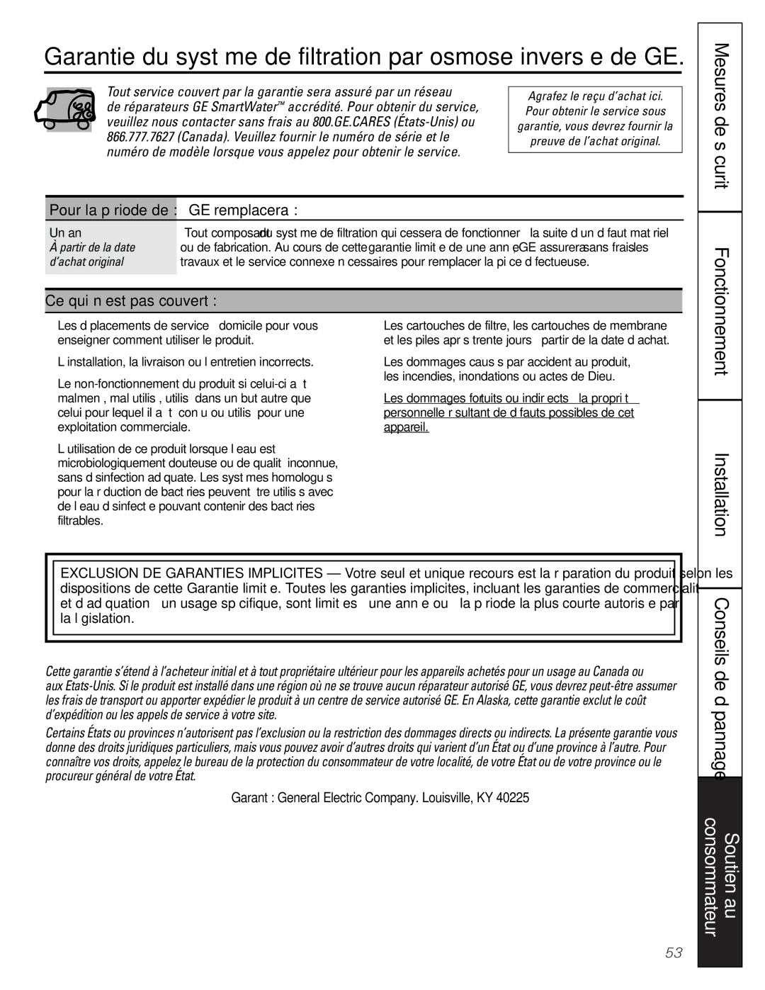 GE PNRQ21LRB, PNRQ21LBN owner manual Garantie du système de filtration par osmose inversée de GE, Un an 