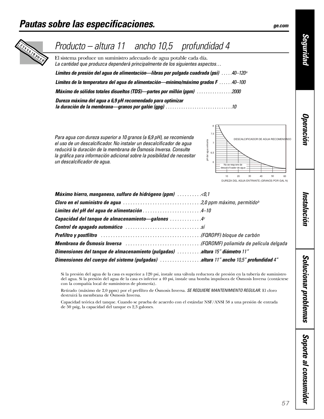 GE PNRQ21LRB, PNRQ21LBN owner manual Pautas sobre las especificaciones, Altura 15 diámetro 