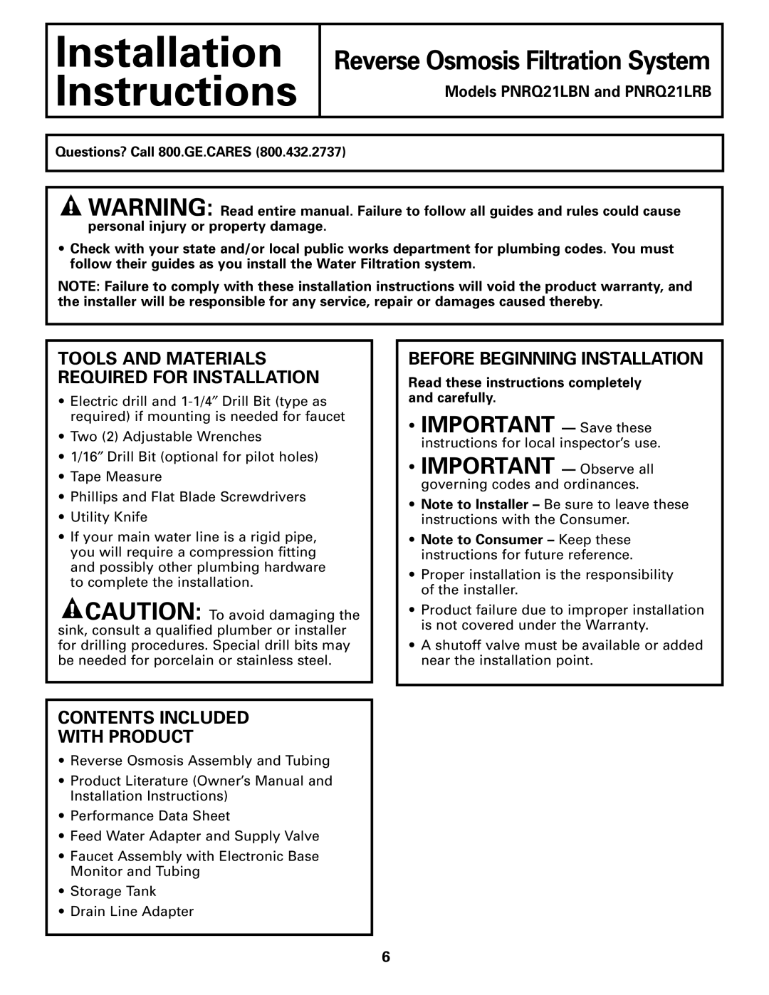 GE PNRQ21LBN, PNRQ21LRB owner manual Before Beginning Installation, Contents Included With Product 