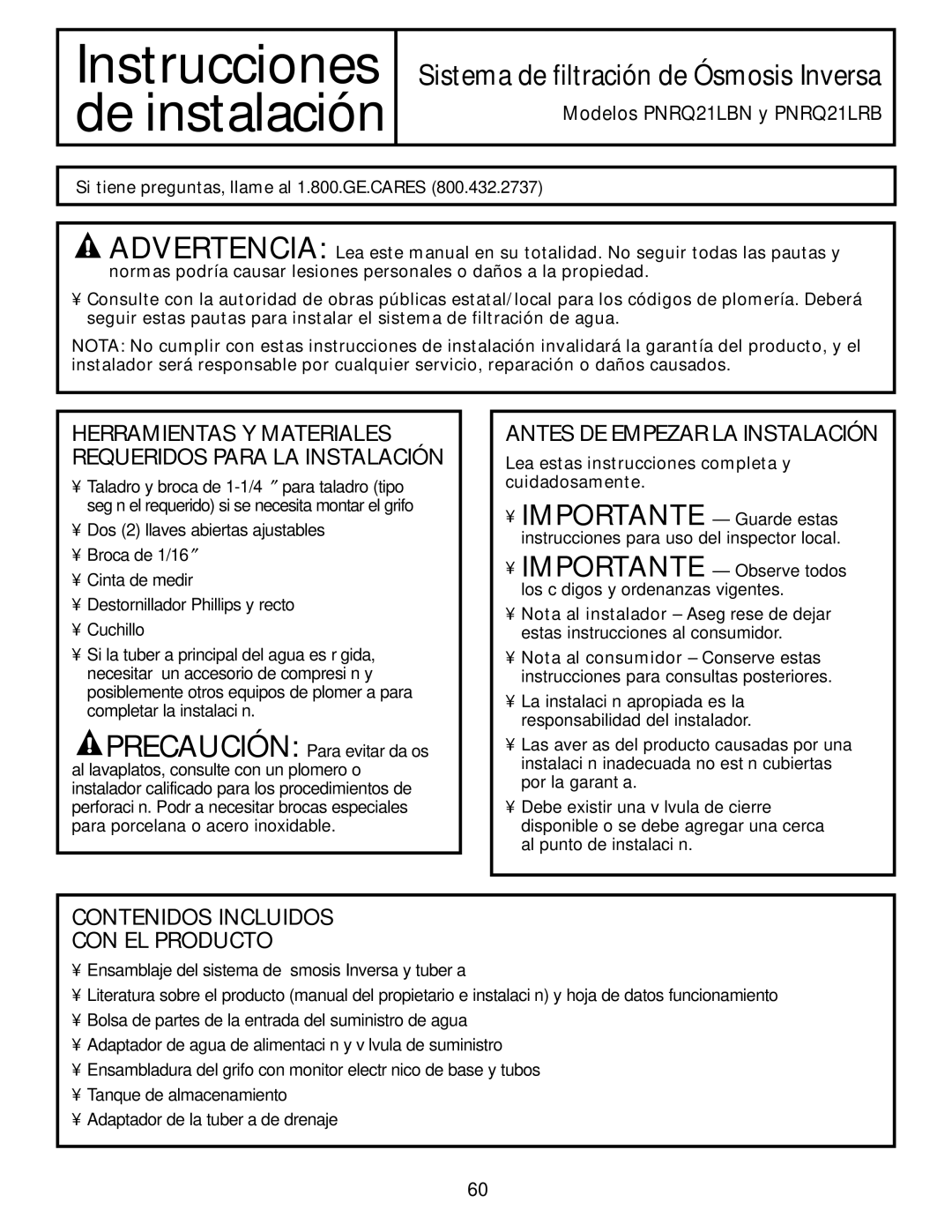 GE PNRQ21LBN, PNRQ21LRB owner manual Antes DE Empezar LA Instalación, Contenidos Incluidos CON EL Producto 