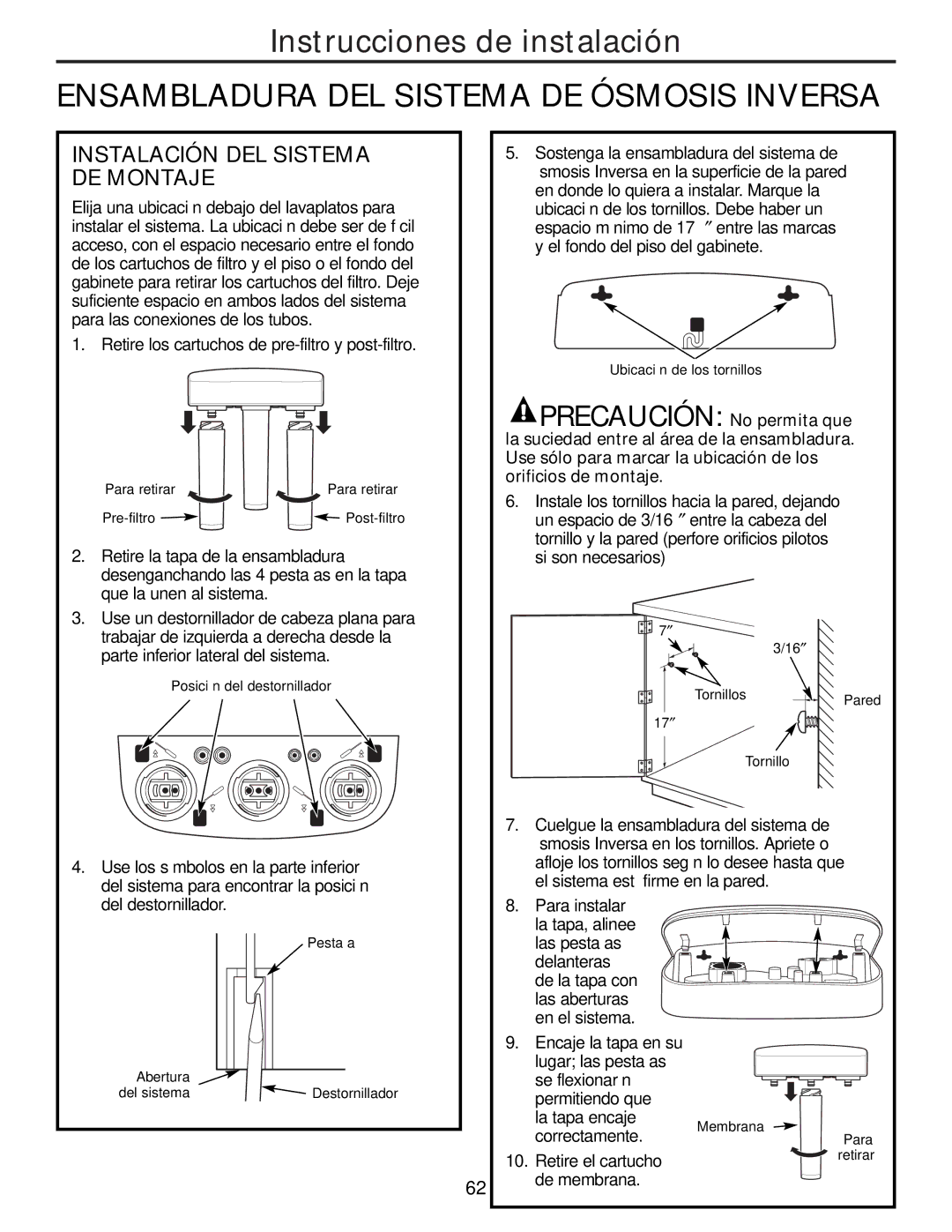 GE PNRQ21LBN, PNRQ21LRB owner manual Ensambladura DEL Sistema DE Ósmosis Inversa, Instalación DEL Sistema DE Montaje 