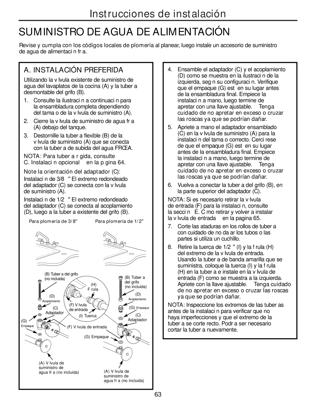 GE PNRQ21LRB, PNRQ21LBN owner manual Suministro DE Agua DE Alimentación, Instalación Preferida 