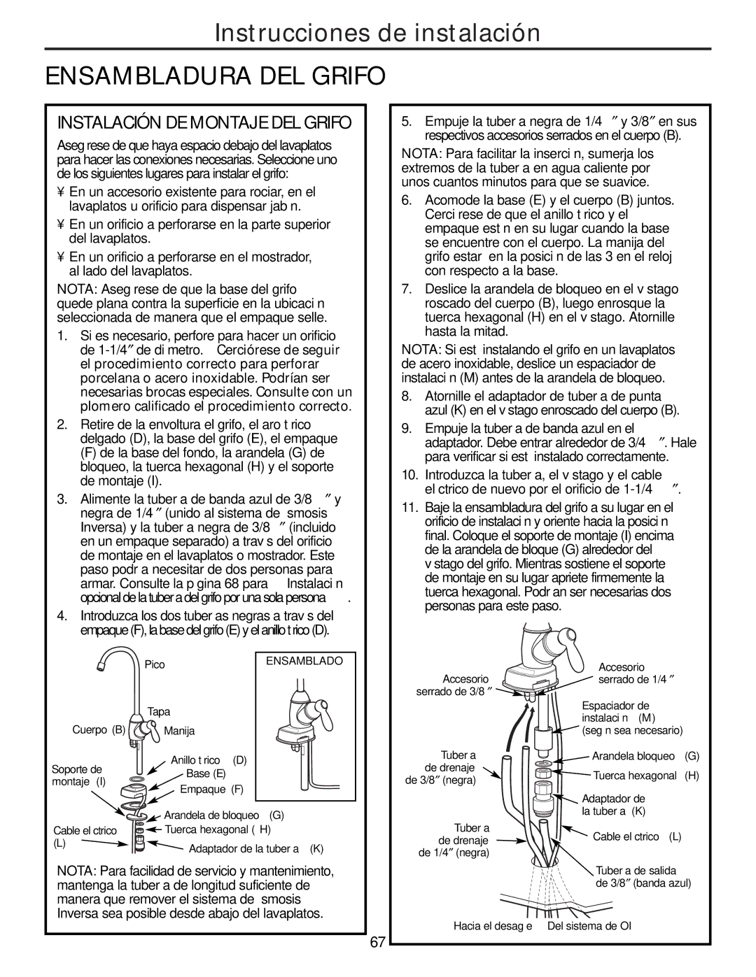 GE PNRQ21LRB, PNRQ21LBN owner manual Ensambladura DEL Grifo, Instalación DE Montaje DEL Grifo 