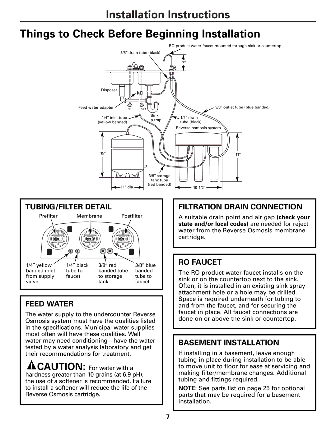 GE PNRQ21LRB, PNRQ21LBN TUBING/FILTER Detail, Feed Water, Filtration Drain Connection, RO Faucet, Basement Installation 