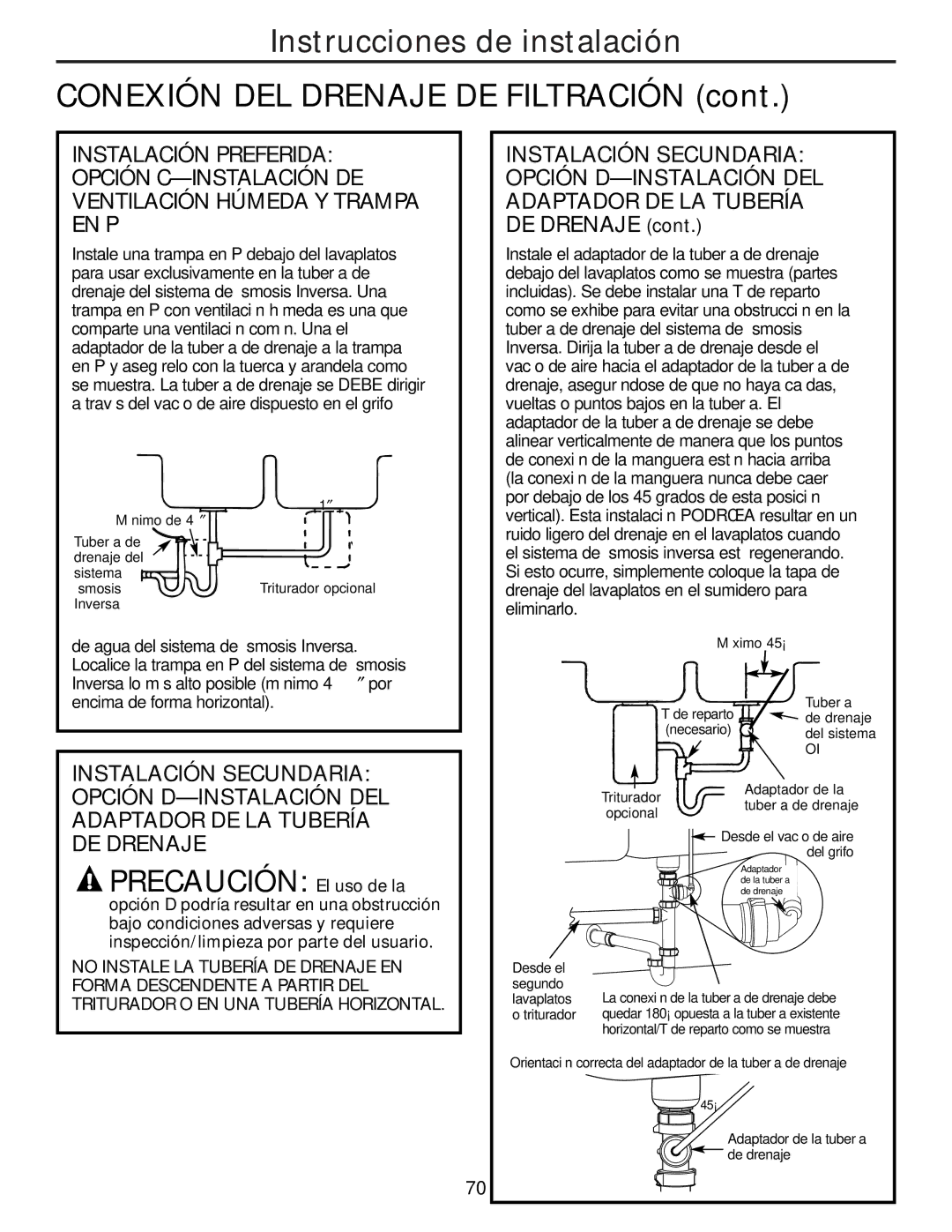 GE PNRQ21LBN, PNRQ21LRB owner manual Adaptador DE LA Tubería, DE Drenaje, Instalación Secundaria Opción D-INSTALACIÓN DEL 