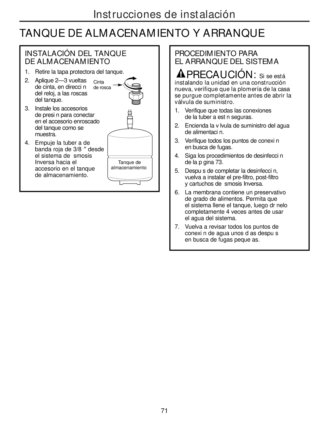 GE PNRQ21LRB, PNRQ21LBN owner manual Tanque DE Almacenamiento Y Arranque, Procedimiento Para EL Arranque DEL Sistema 