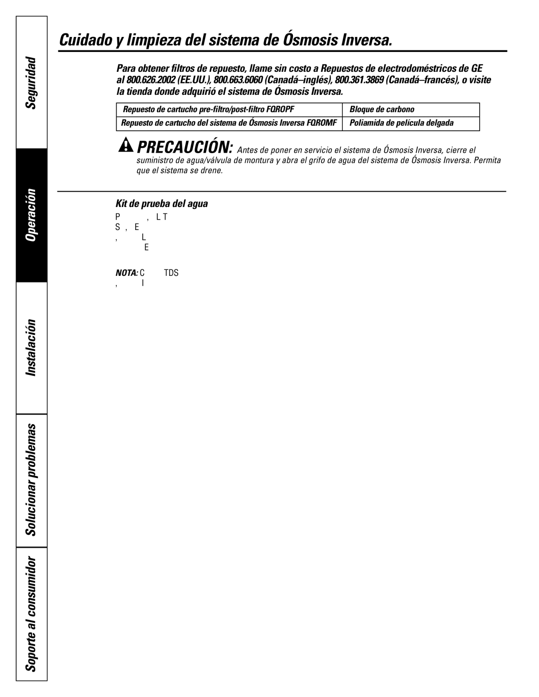 GE PNRQ21LBN, PNRQ21LRB owner manual Kit de prueba del agua, Poliamida de película delgada 